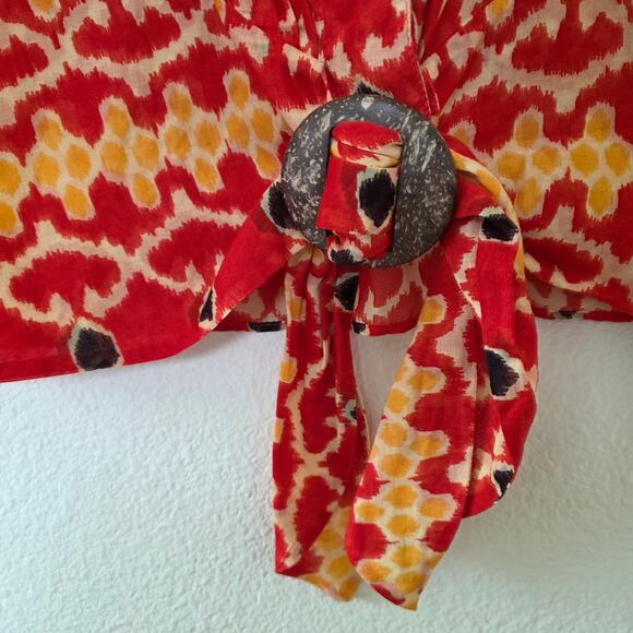 Lafayette 148 New York Red Ikat Print Button Front Blouse Women Sz 14 Tie Front - Picture 5 of 13